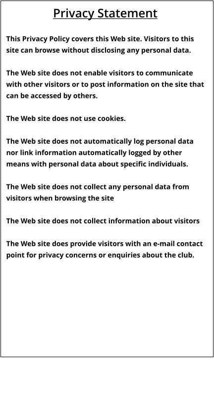 Privacy Statement  This Privacy Policy covers this Web site. Visitors to this site can browse without disclosing any personal data.  The Web site does not enable visitors to communicate with other visitors or to post information on the site that can be accessed by others.  The Web site does not use cookies.  The Web site does not automatically log personal data nor link information automatically logged by other means with personal data about specific individuals.  The Web site does not collect any personal data from visitors when browsing the site  The Web site does not collect information about visitors  The Web site does provide visitors with an e-mail contact point for privacy concerns or enquiries about the club.